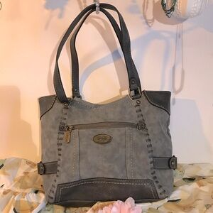 NWOT Shoulder Tote, Multi-tone Gray with accent stitching and buckles, 6 Pockets